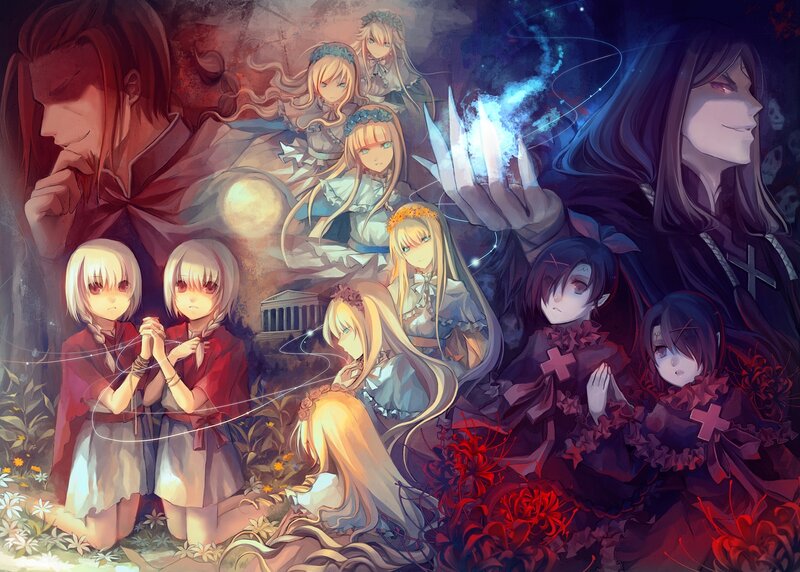 Anime Characters in a Group — Red, Dramatic, Night
