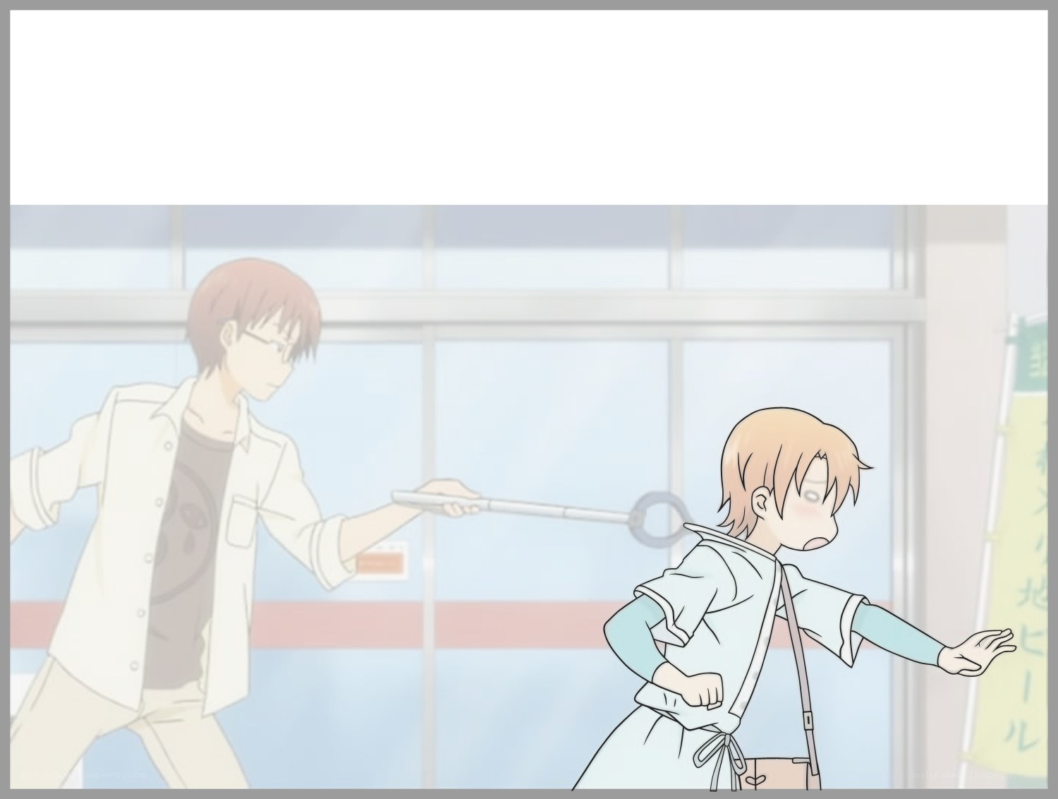 Anime characters in a hallway