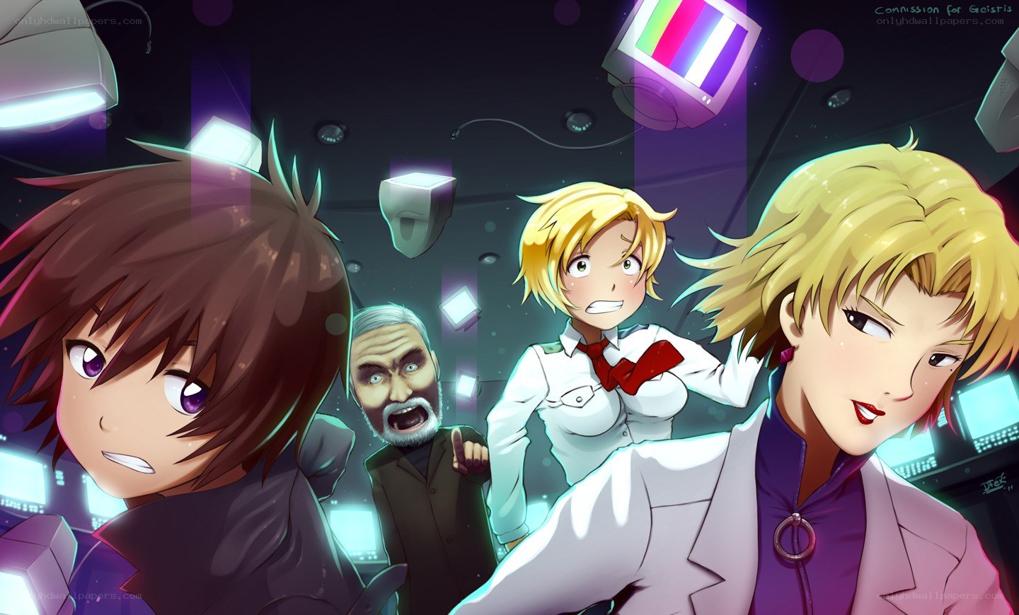 Anime characters in a high-tech room