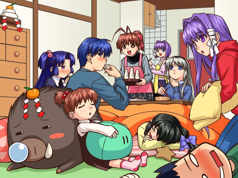 Anime characters in a kitchen