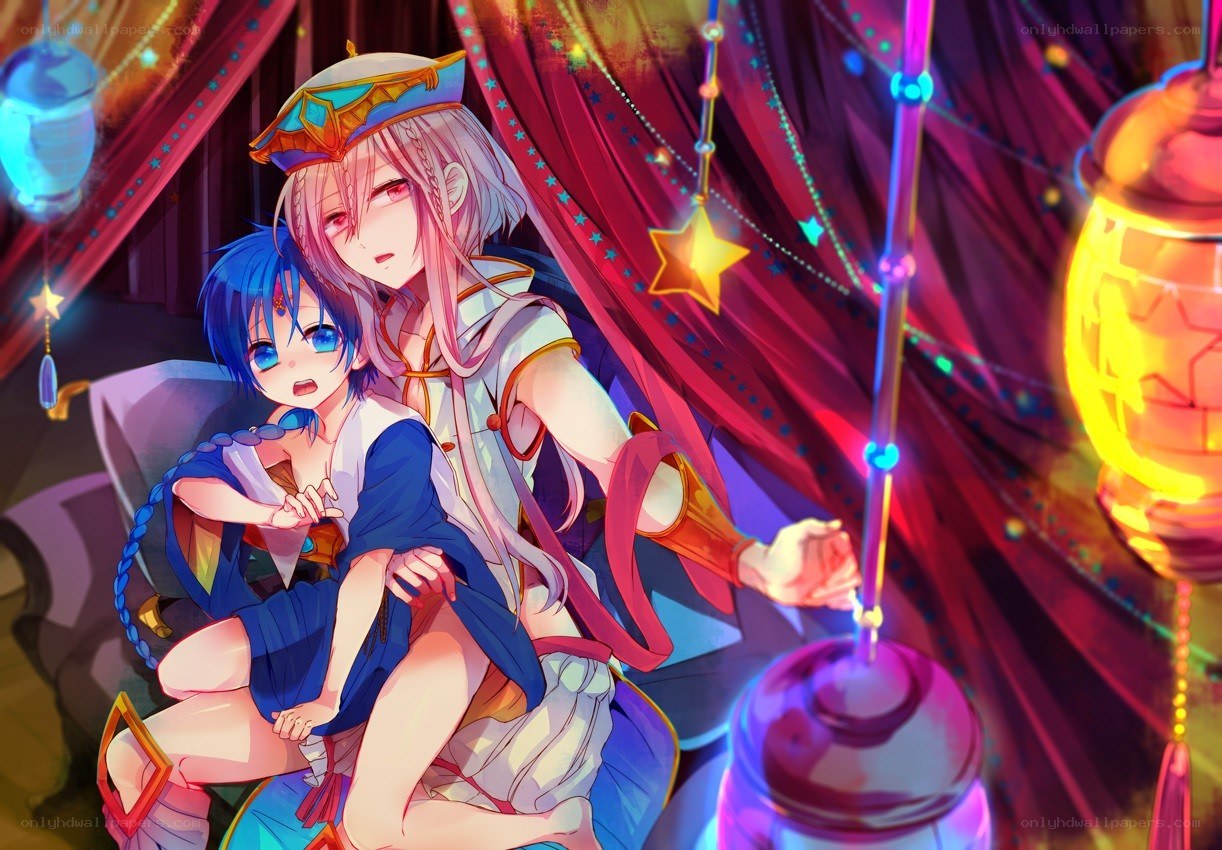 Anime characters in a lantern-lit tent