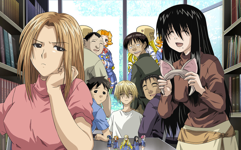 Anime characters in a library