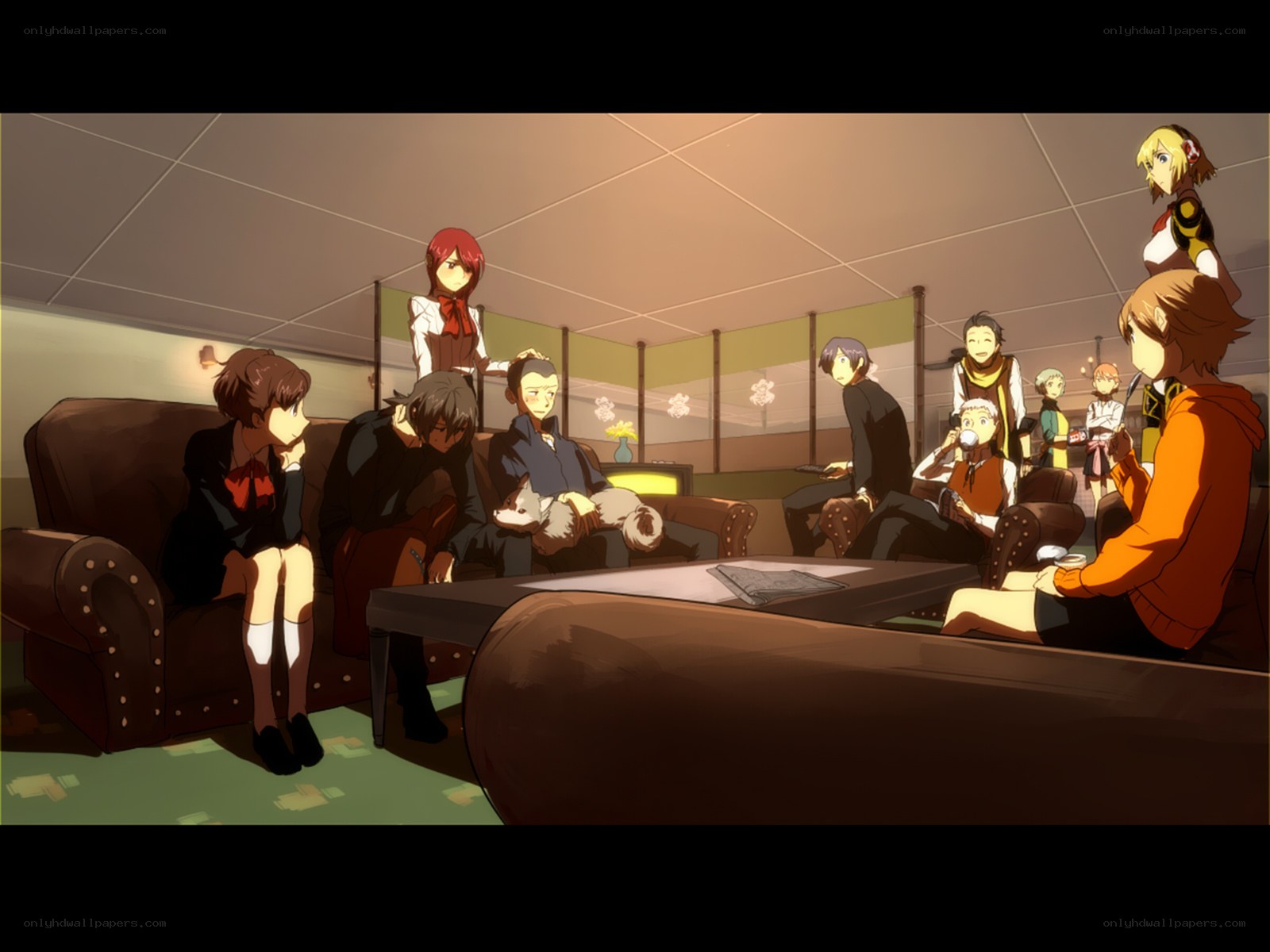 anime characters in a lounge