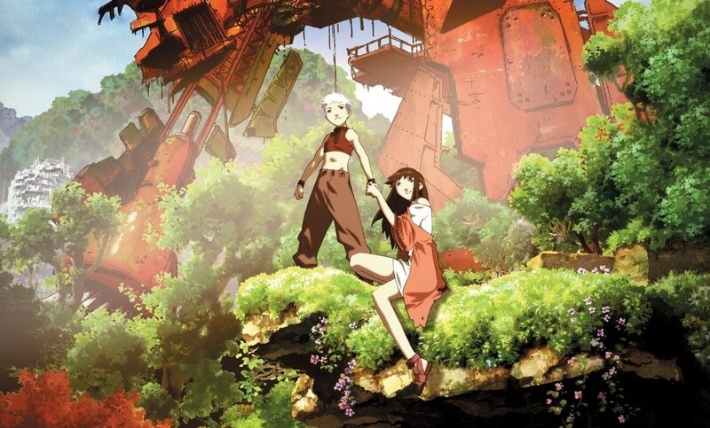 Anime characters in a lush landscape