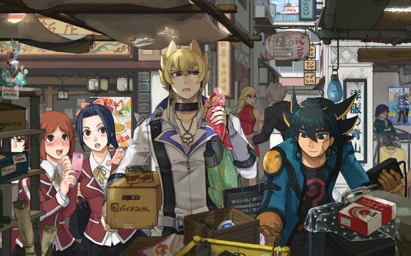 Anime characters in a market scene
