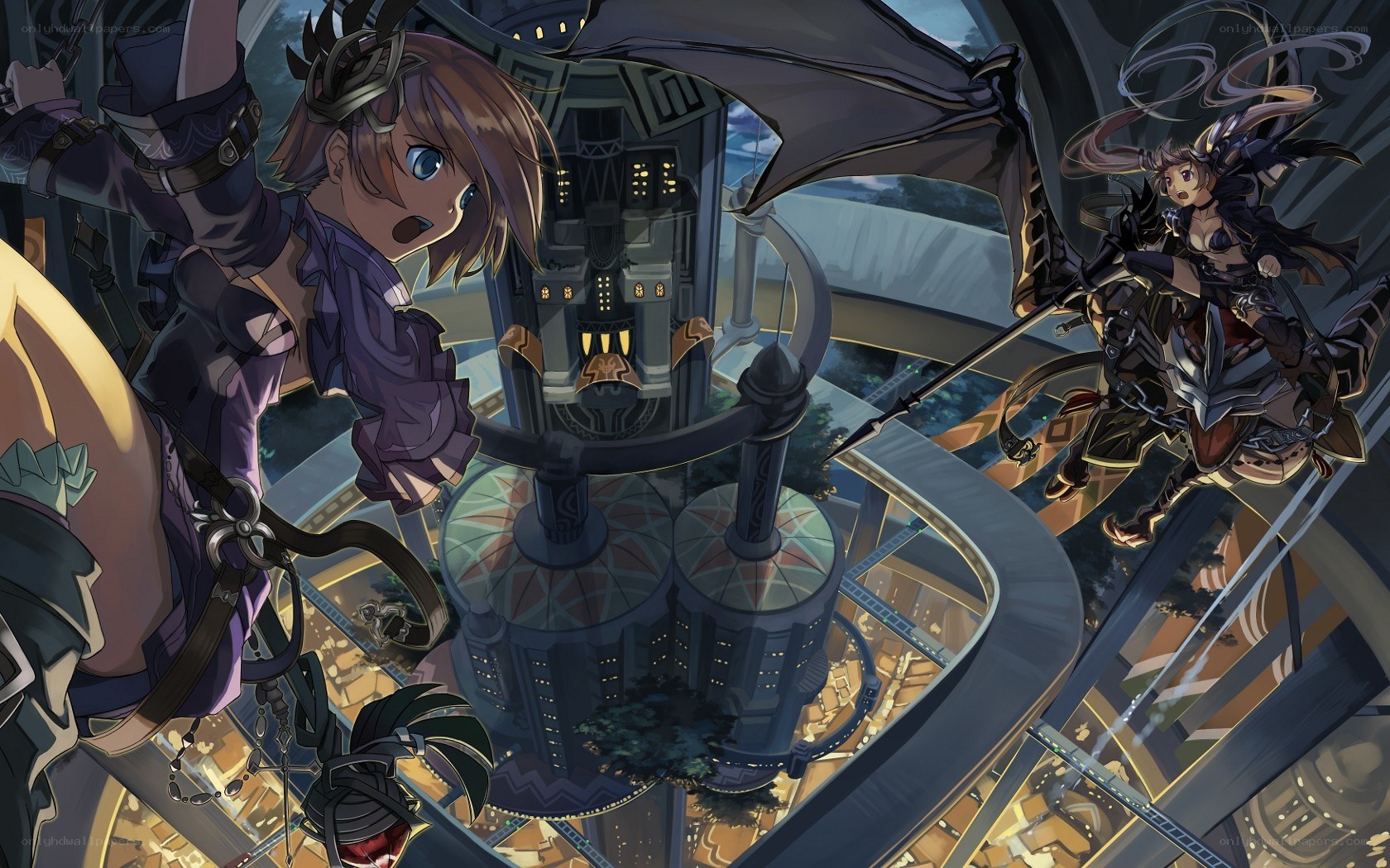 Anime characters in a mechanical tower