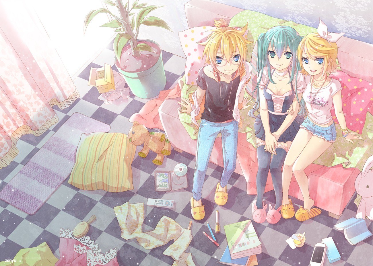 Anime characters in a messy room