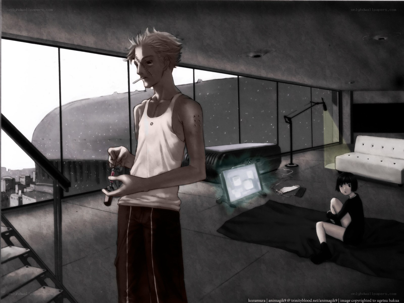 Anime characters in a modern room