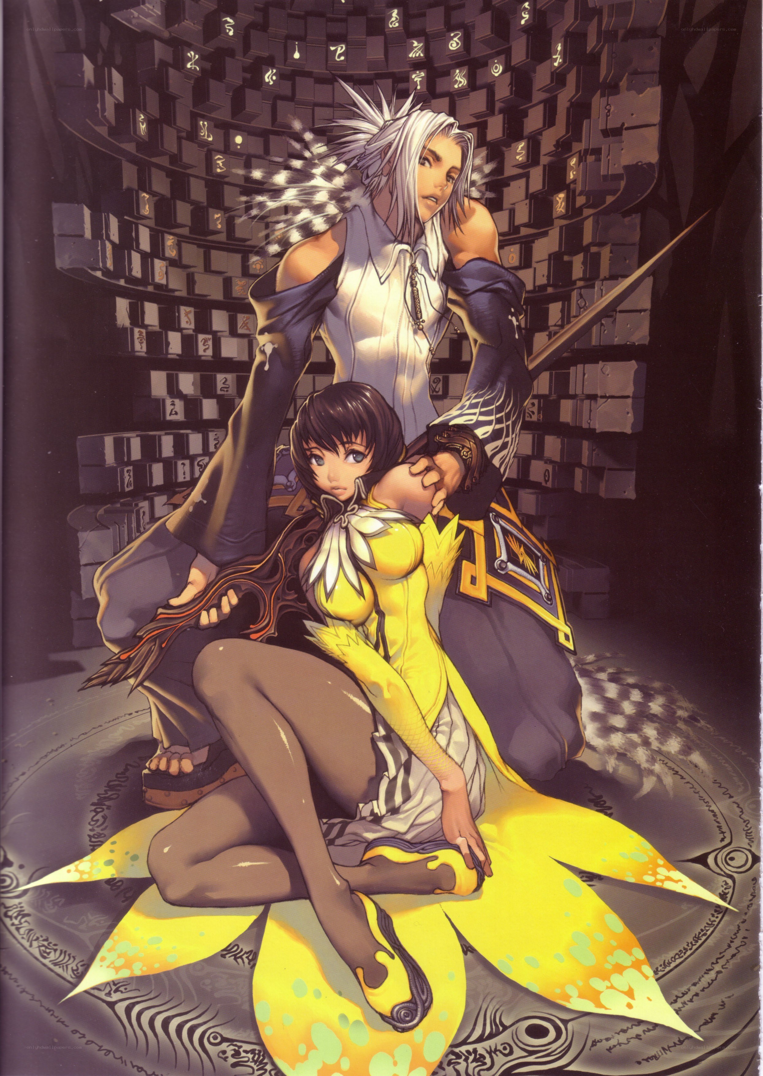 Anime characters in a mystical chamber