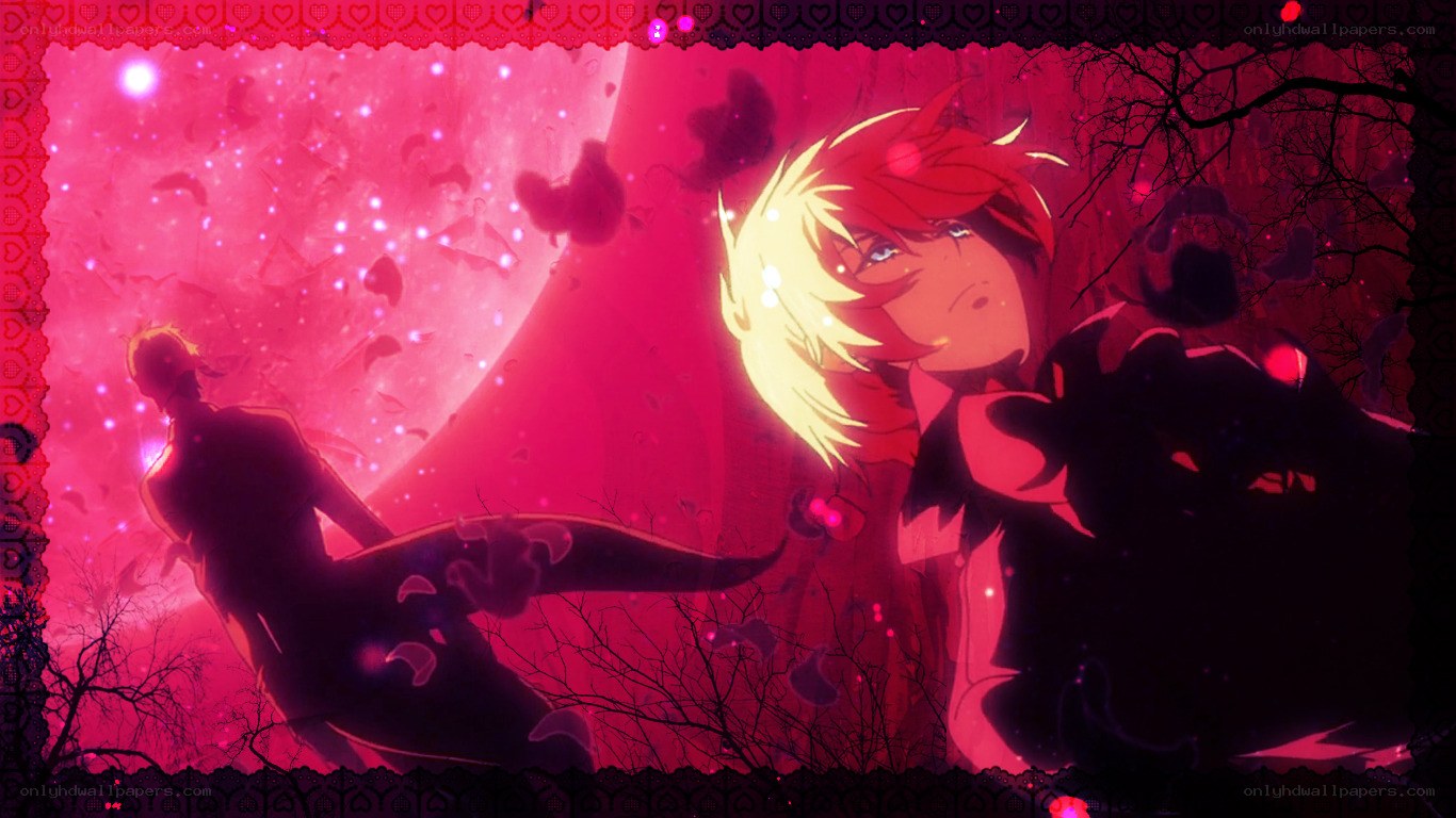 Anime characters in a pink moonlit scene