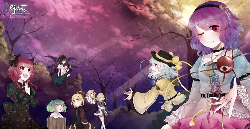 Anime characters in a purple forest