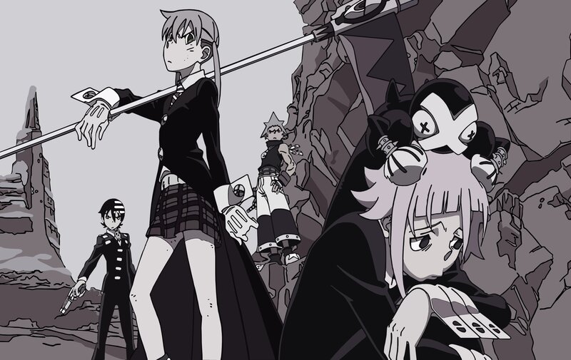 anime characters in a rocky landscape