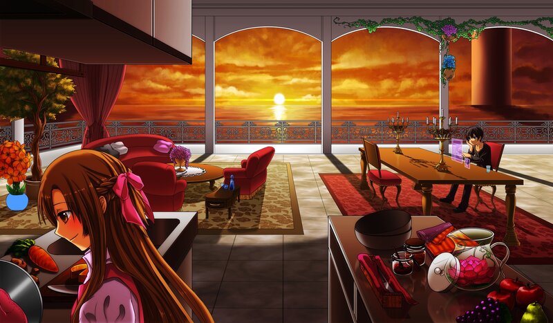Anime Characters in a Room — Orange, Serene, Sunset
