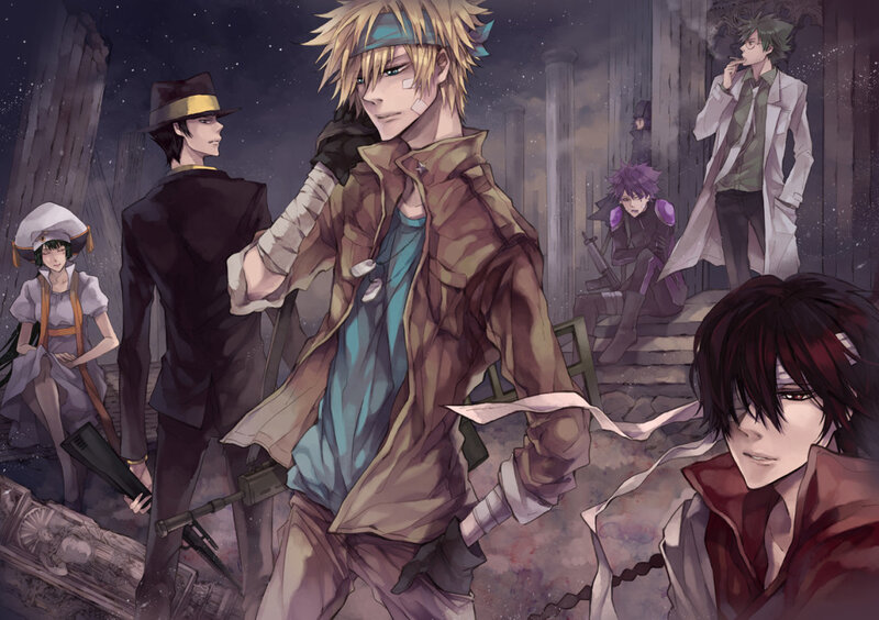 anime characters in a ruined city