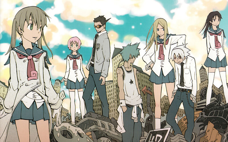 anime characters in a ruined city