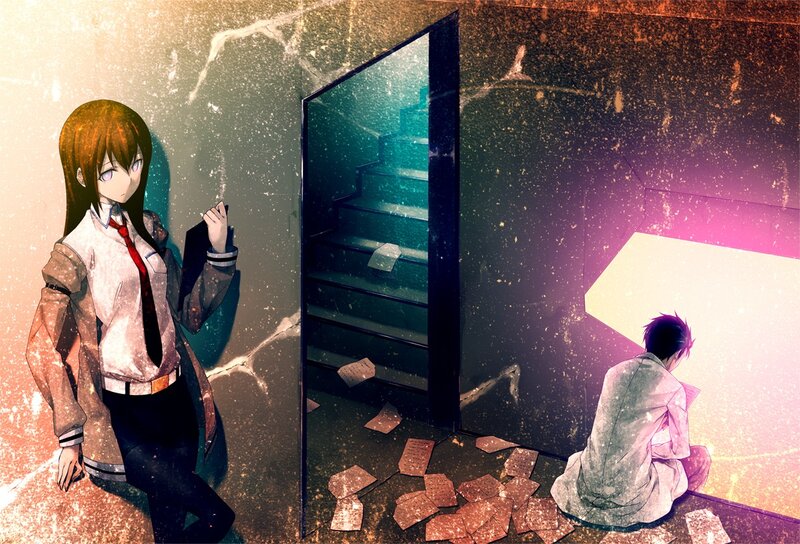 Anime characters in a ruined hallway