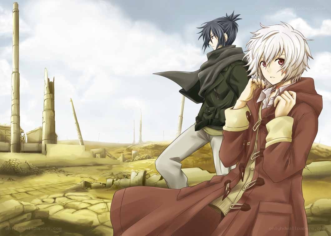 Anime characters in a ruined landscape