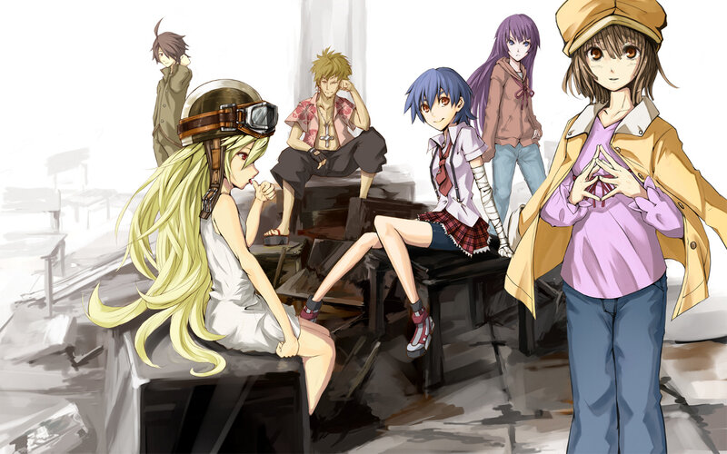 anime characters in a ruined setting