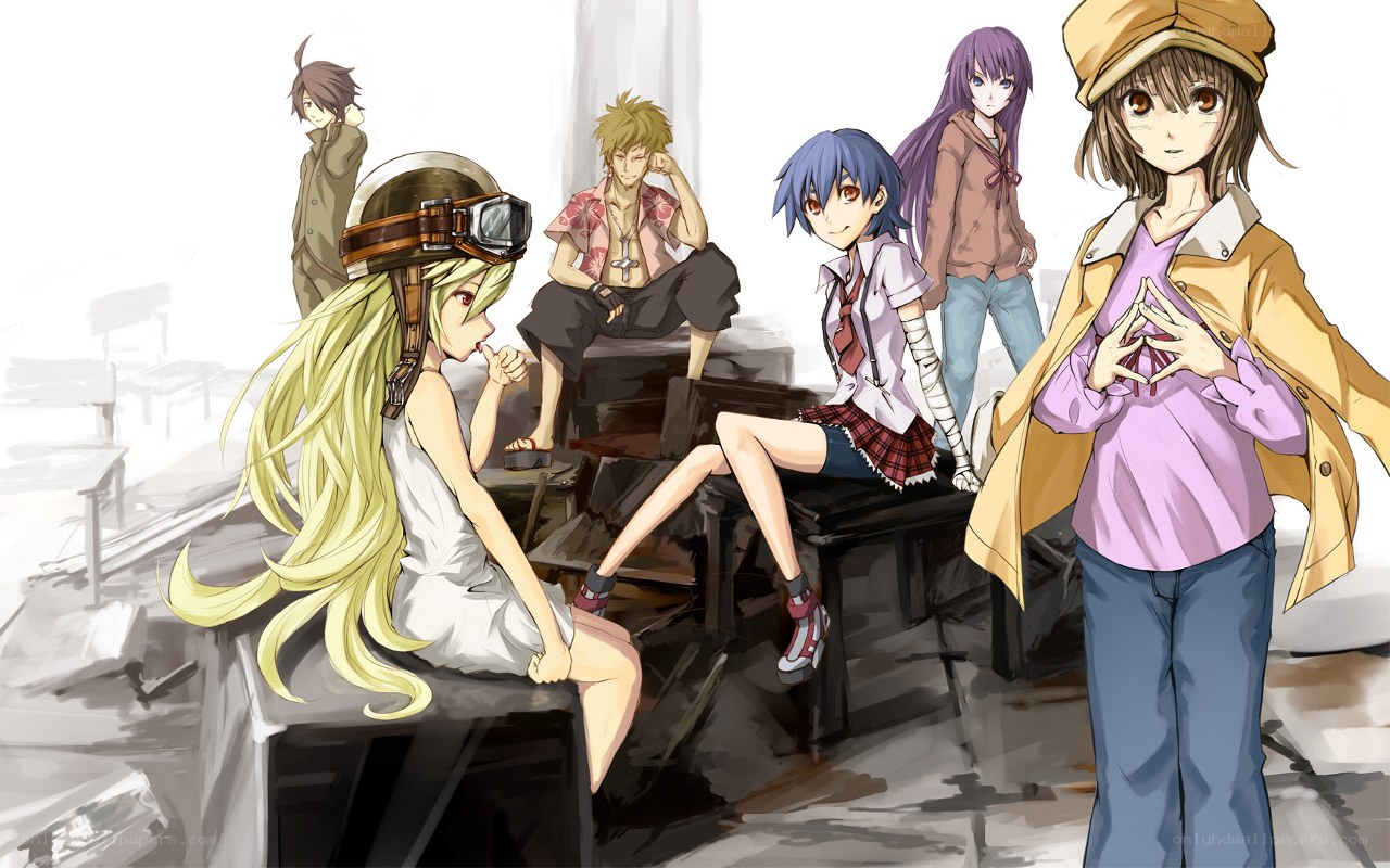 anime characters in a ruined setting