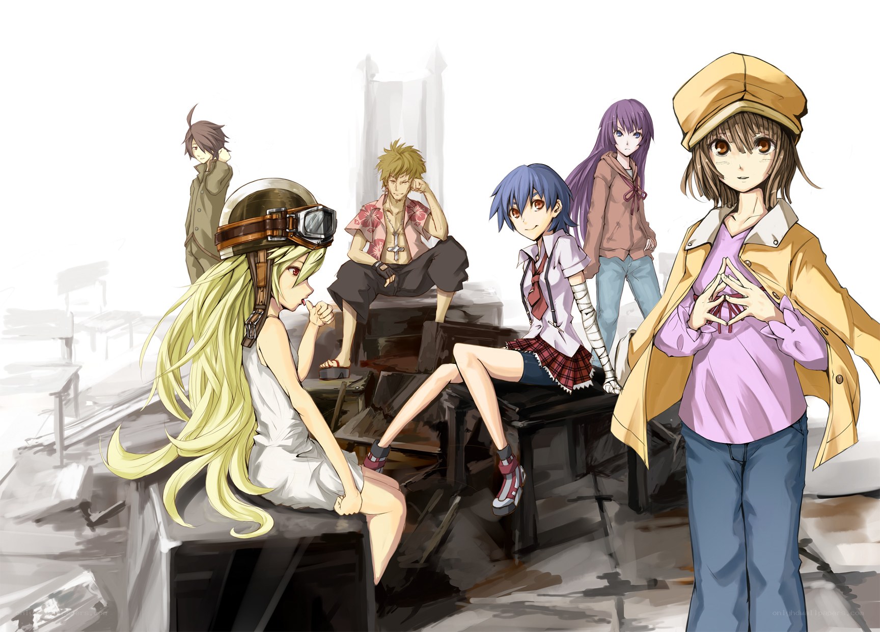 anime characters in a ruined setting