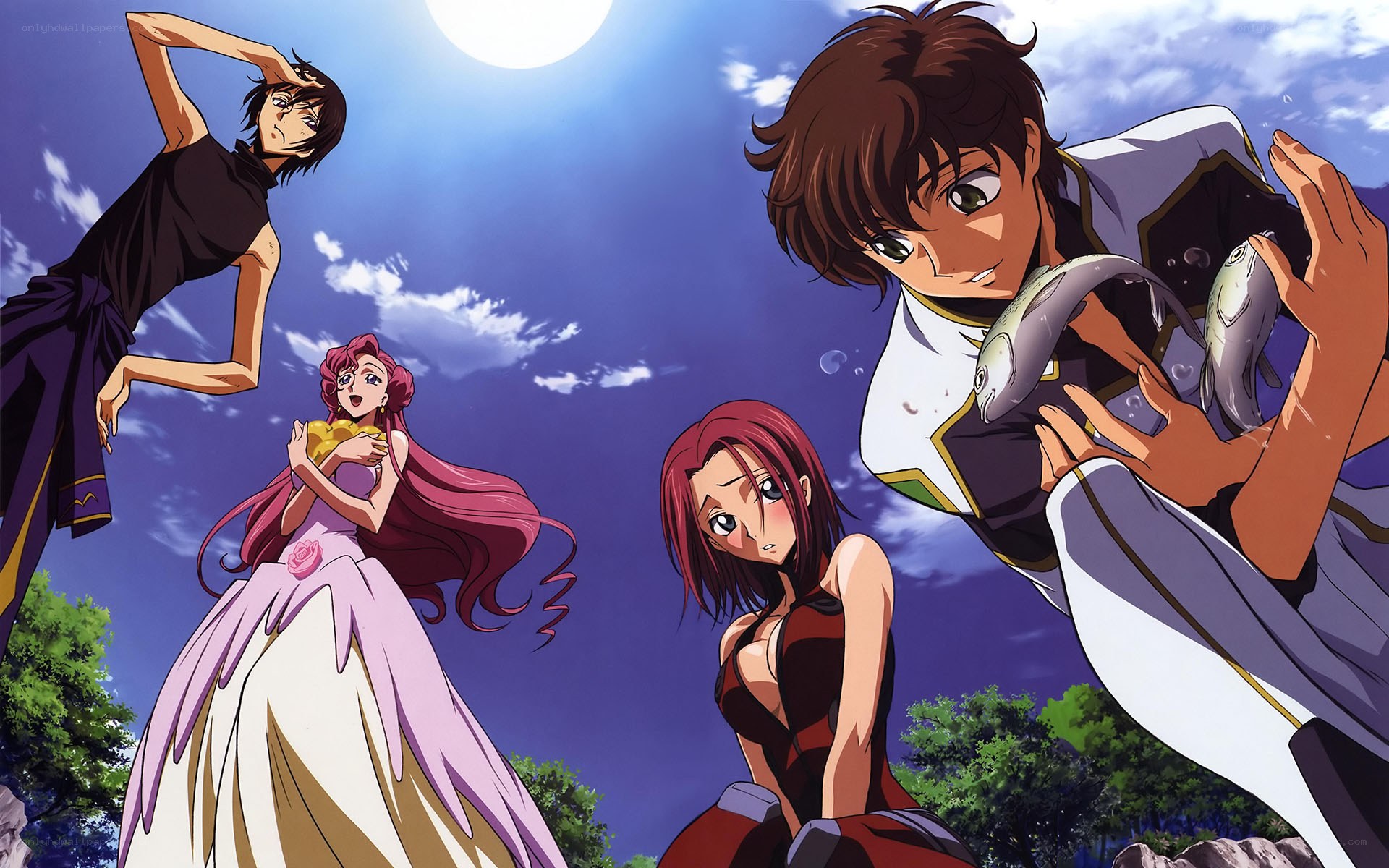 Anime characters in a sky scene