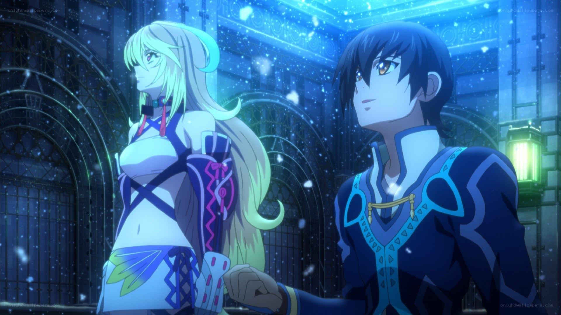 anime characters in a snowy hall