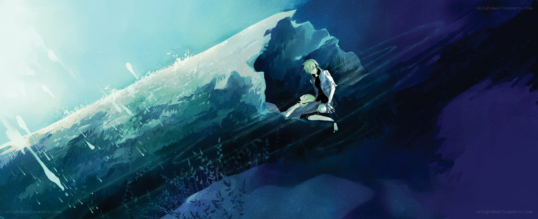 Anime characters in a stormy sea