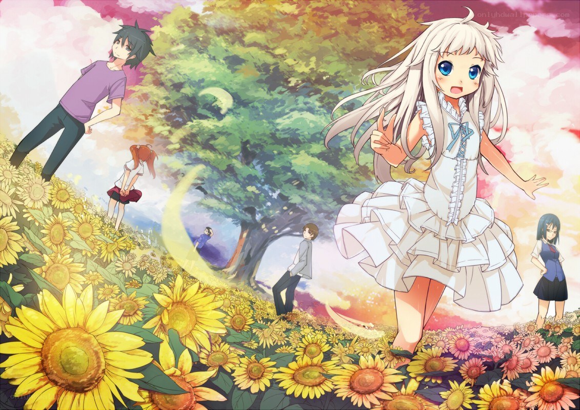 Anime characters in a sunflower field