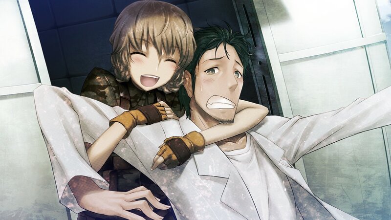 Anime characters in a tense embrace