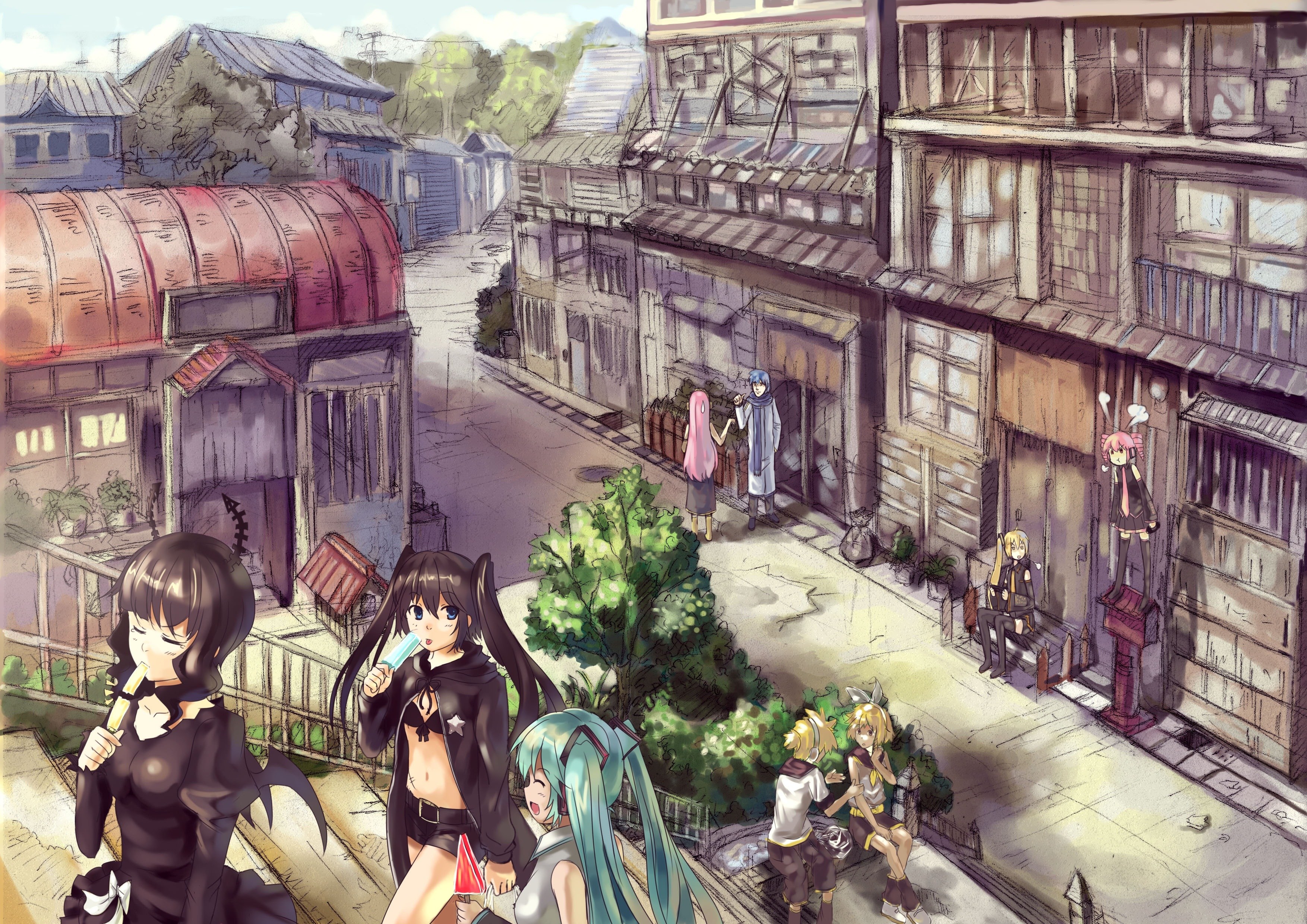 Anime characters in a town scene