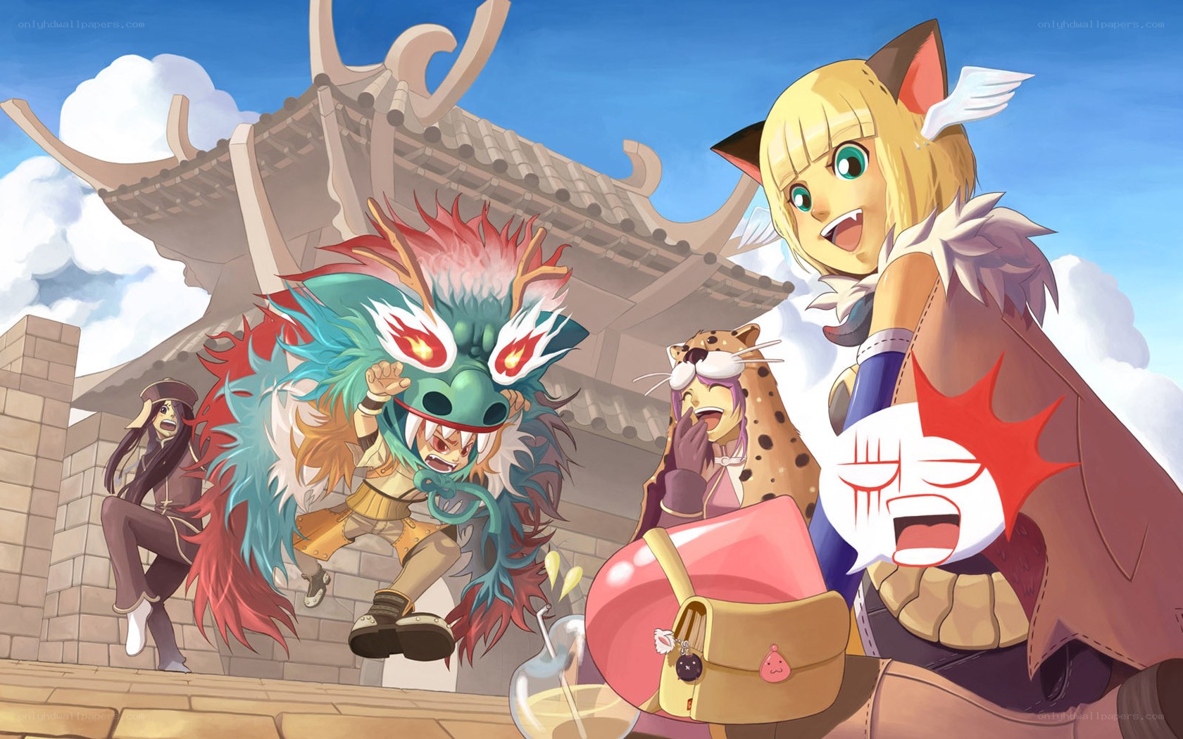 Anime characters in a town scene