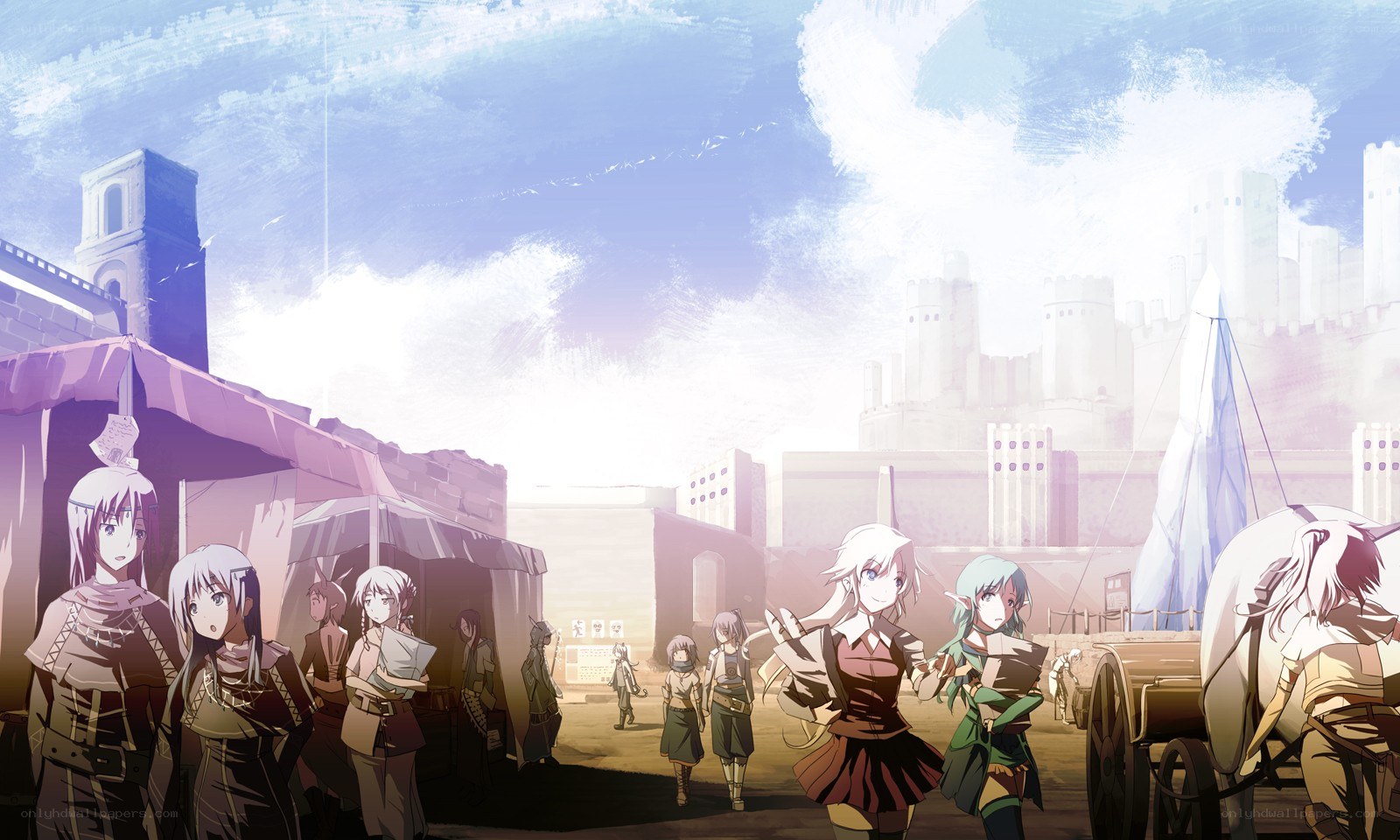 Anime characters in a town square