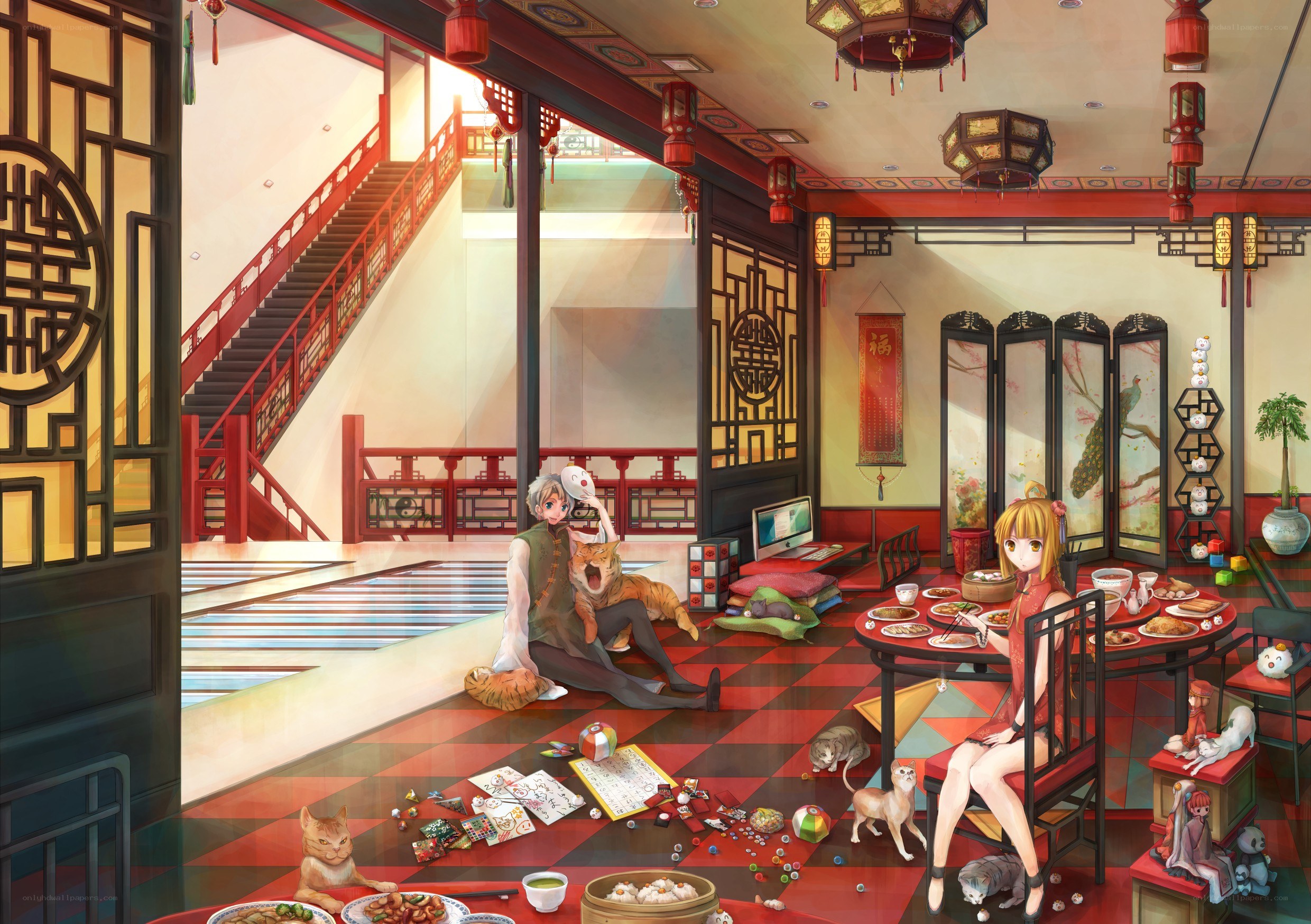 Anime characters in a traditional dining room