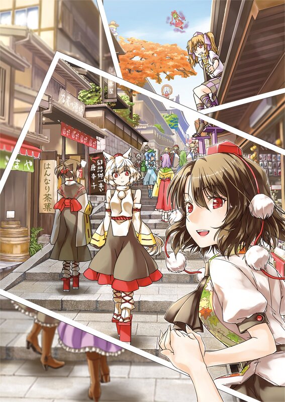 Anime characters in a traditional Japanese town