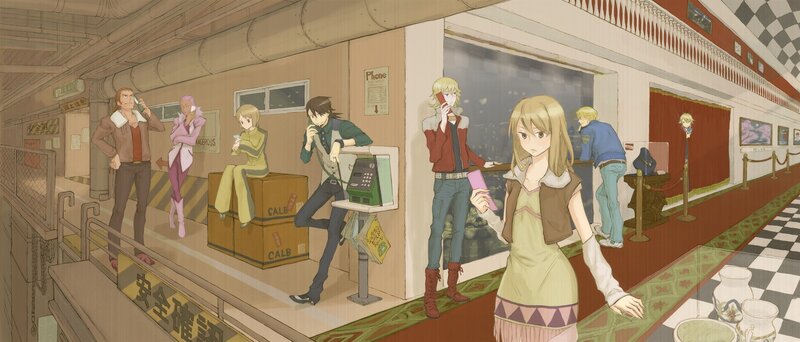 Anime characters in a train station