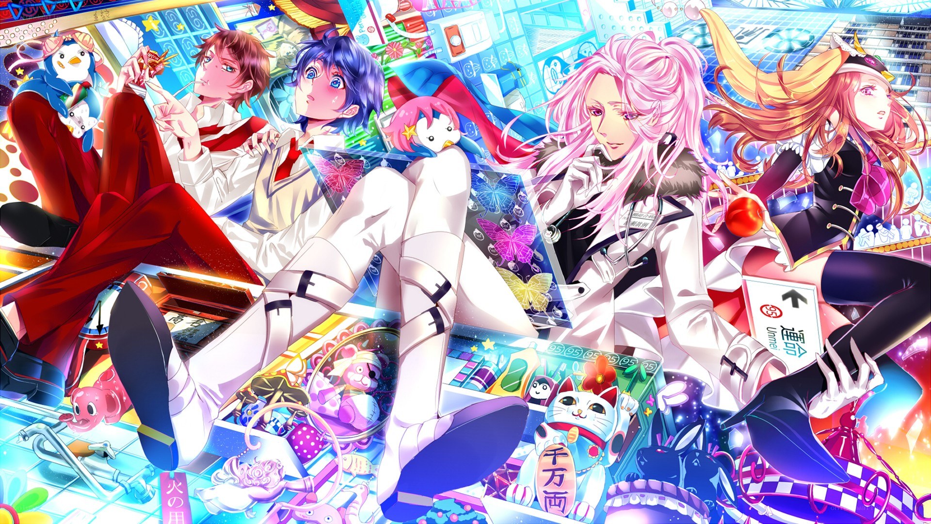 anime characters in a vibrant arcade