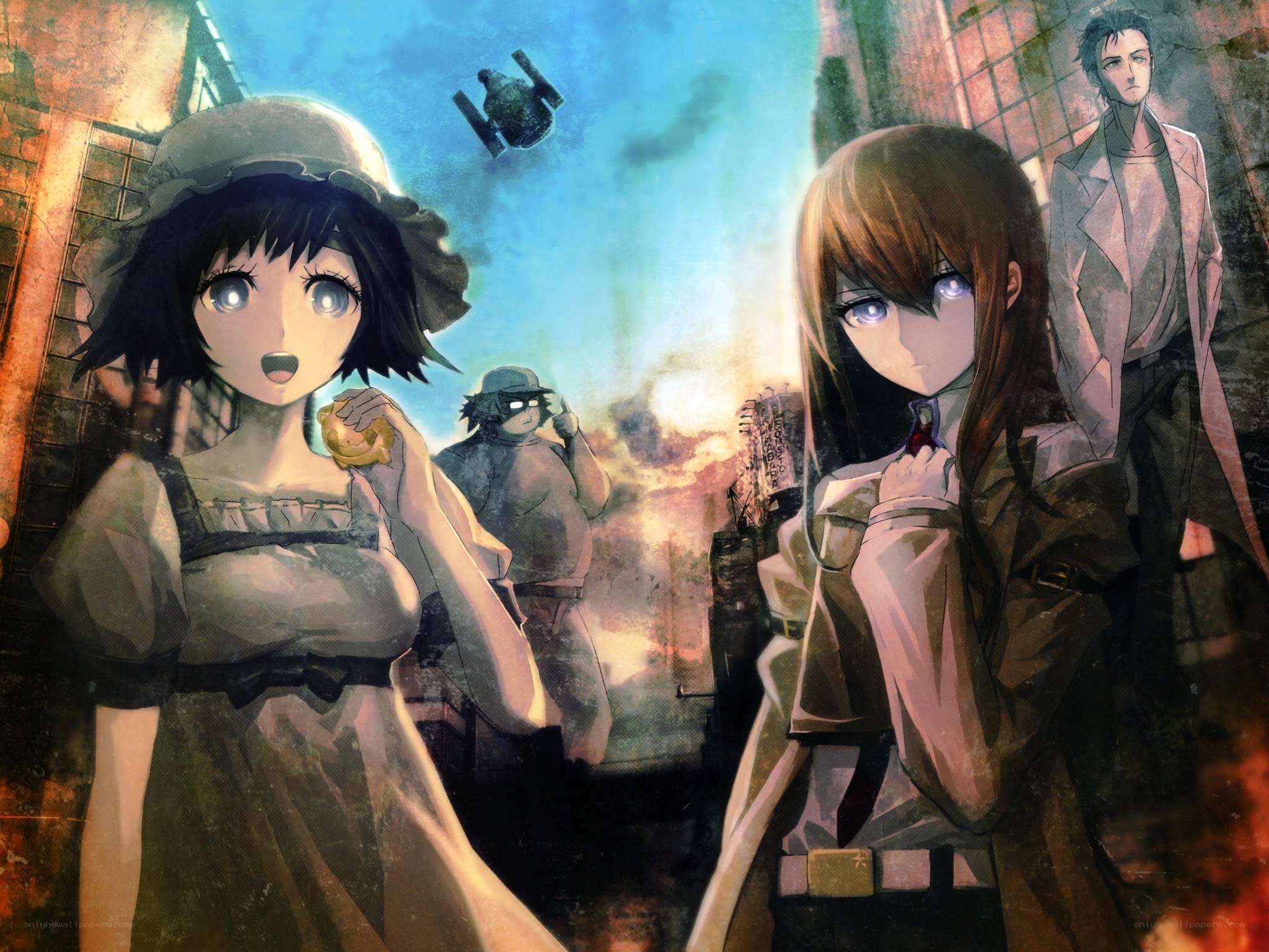 Anime characters in a war-torn city