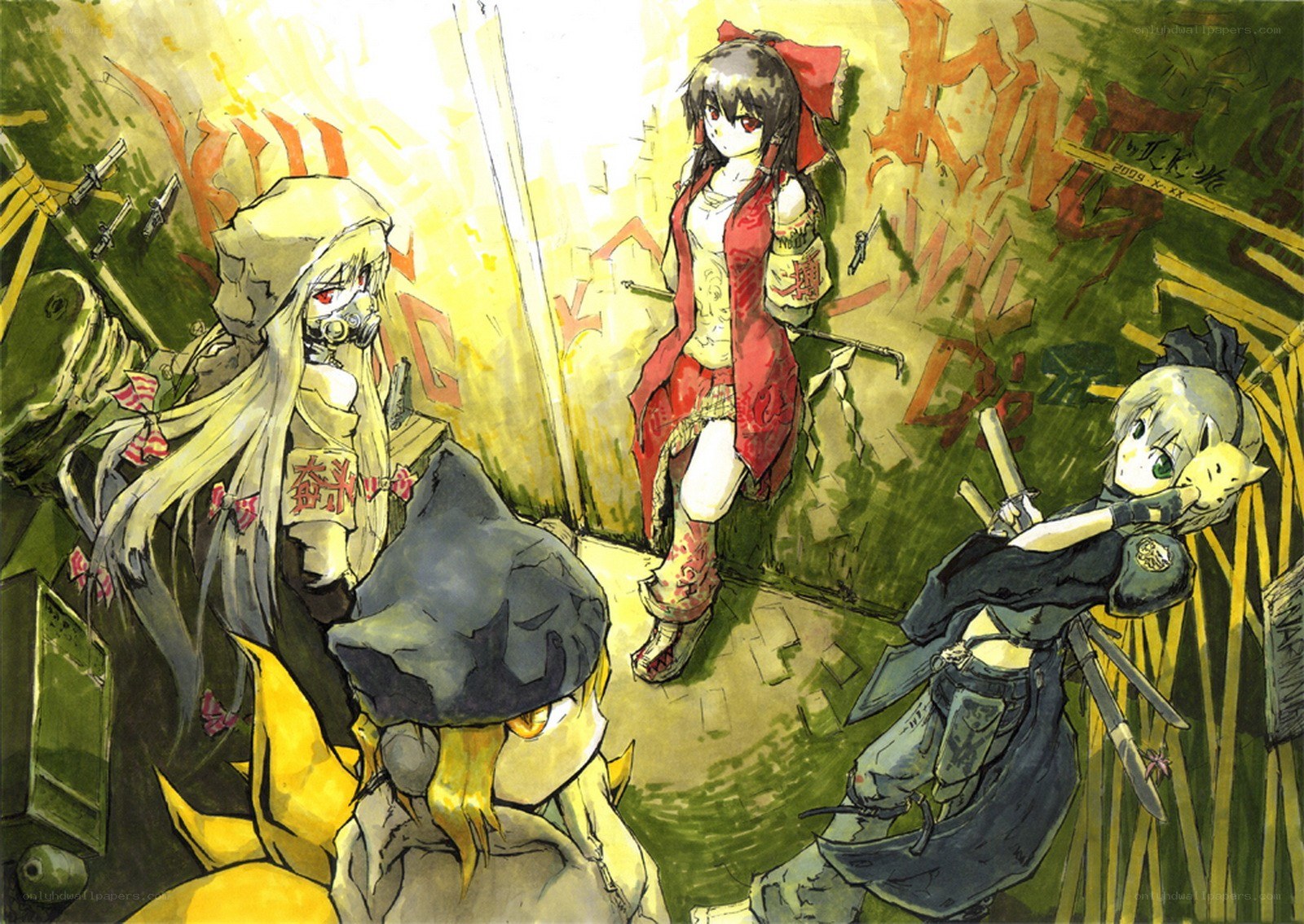 Anime characters in a war-torn setting