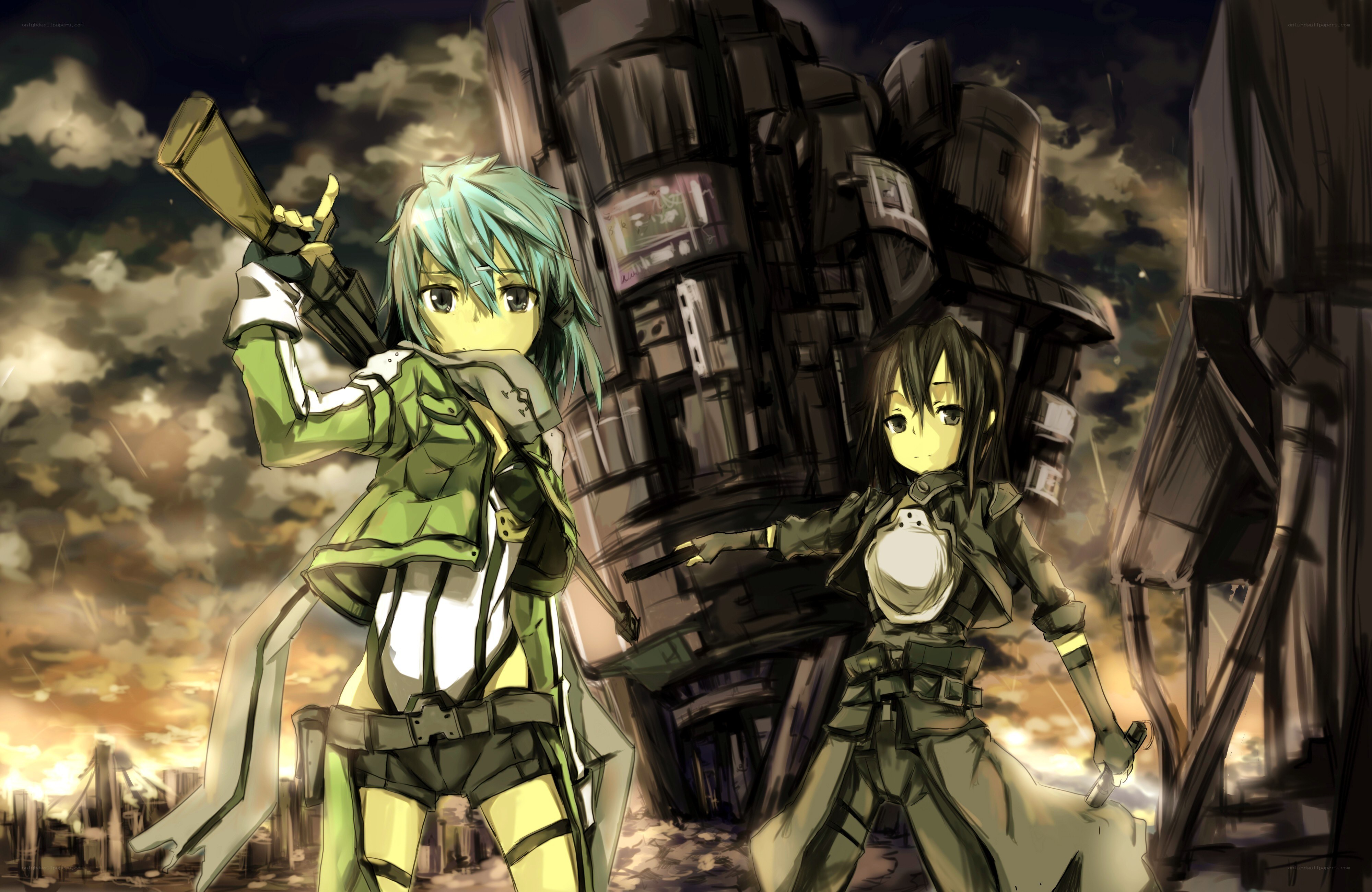 Anime characters in a war zone