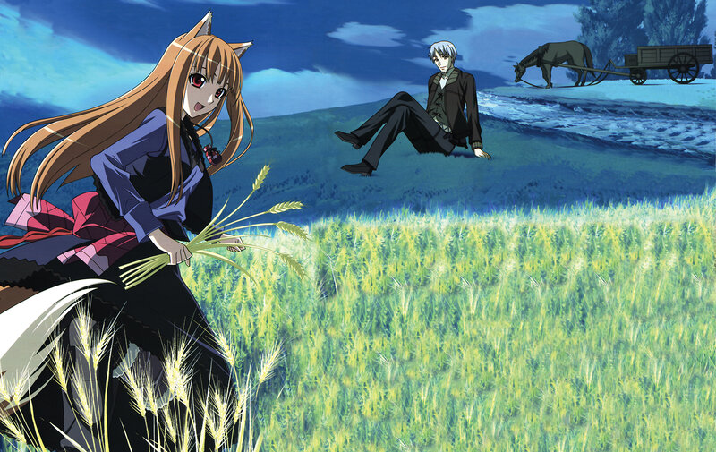 Anime characters in a wheat field