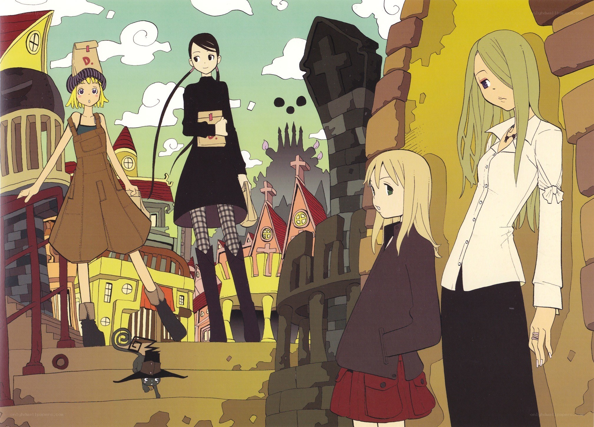 Anime characters in a whimsical town