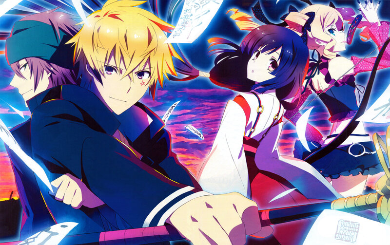 Anime Characters in Action — Blue, Dramatic, Sunset