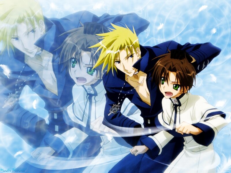 Anime Characters in Action — Blue, Dramatic, Sword, Feathers