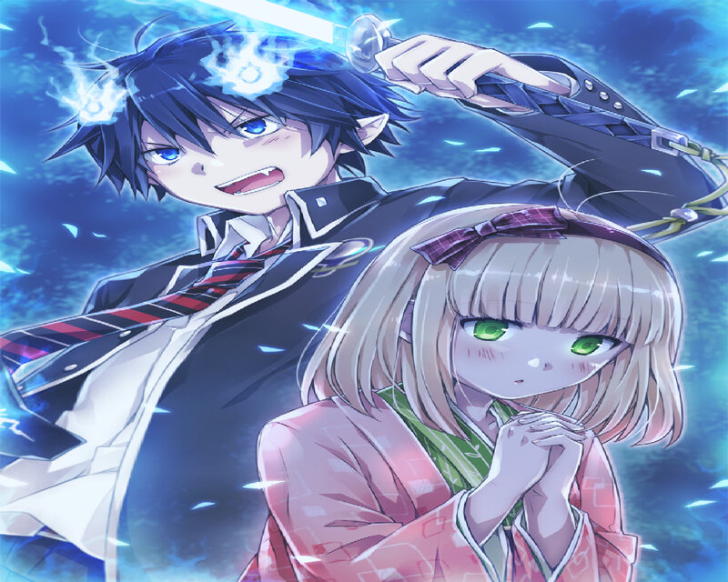 Anime Characters in Action — Blue, Dramatic, Sword