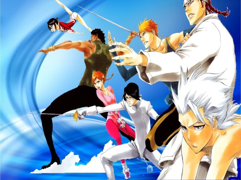 Anime Characters in Action — Blue, Dramatic, Swords