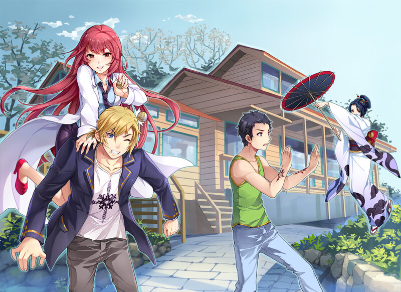 Anime Characters in Action — Blue, Dynamic, Afternoon, House