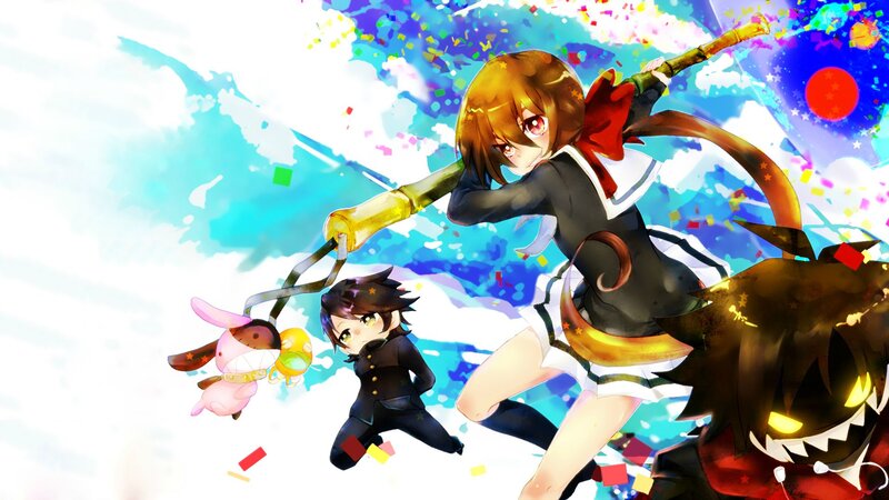 Anime Characters in Action — Blue, Dynamic, Digital Art, Confetti