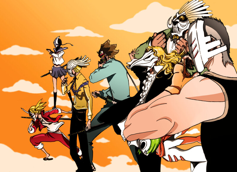 Anime Characters in Action — Orange, Dramatic, Sunset