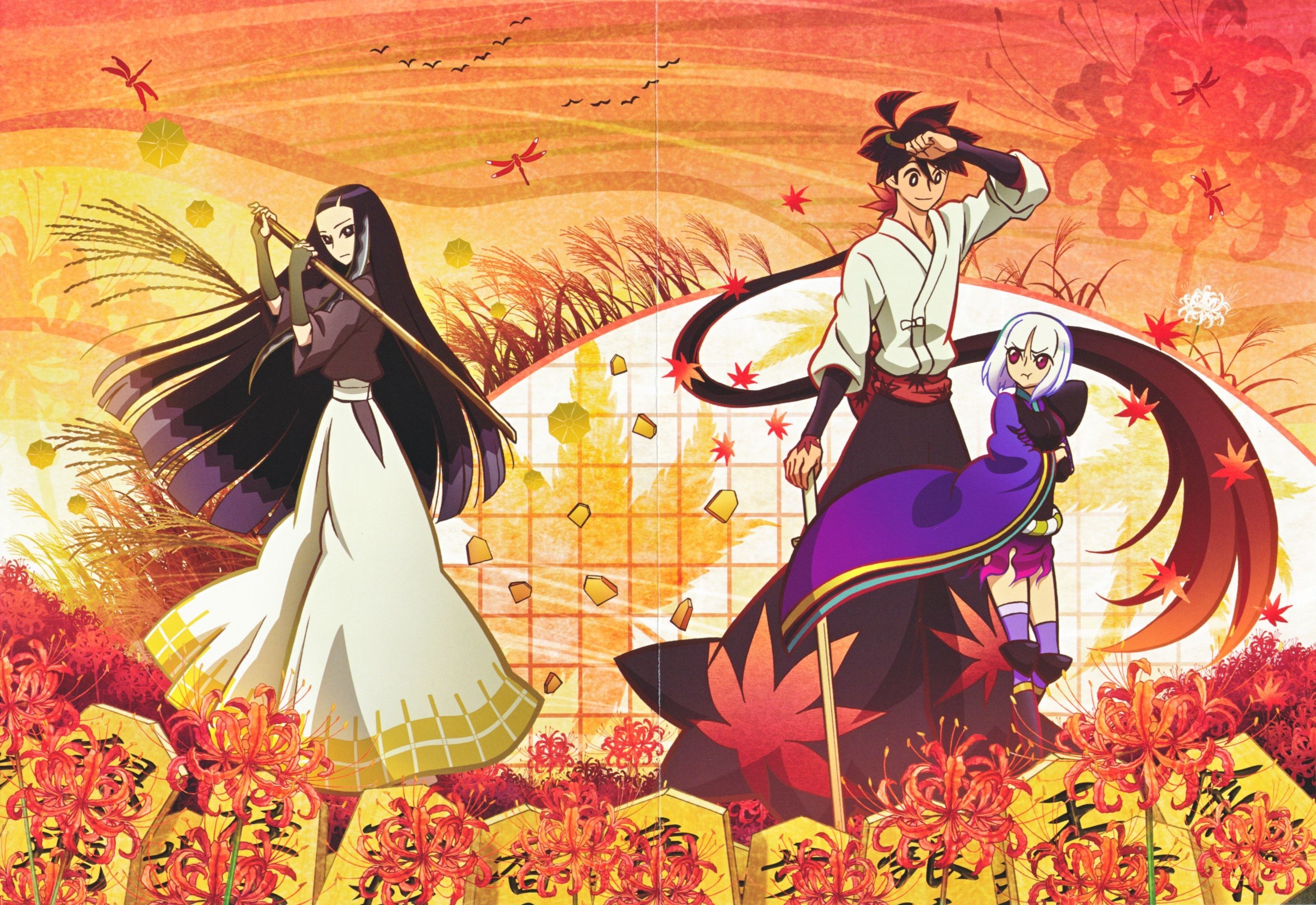 Anime characters in autumn field