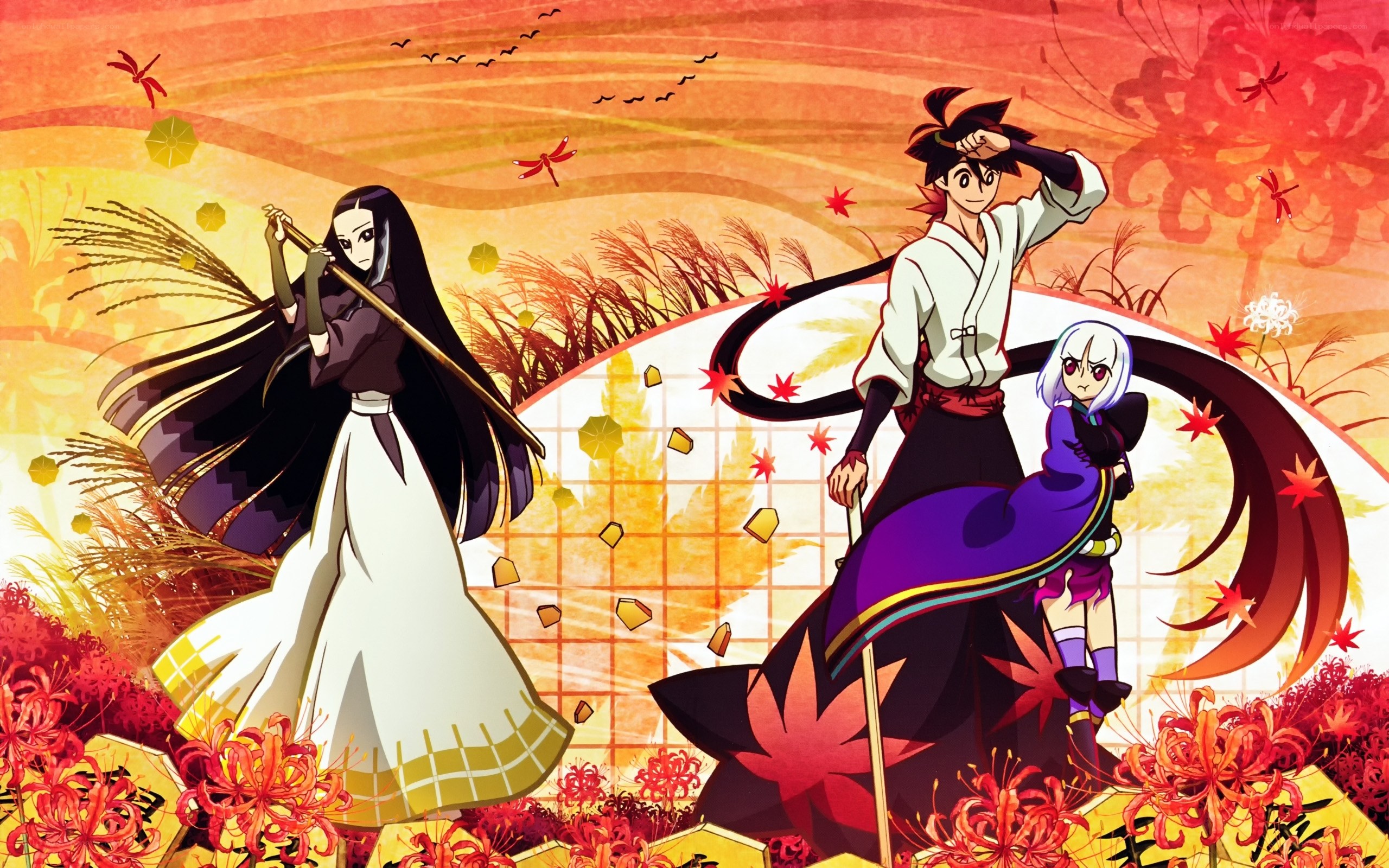 Anime characters in autumn field